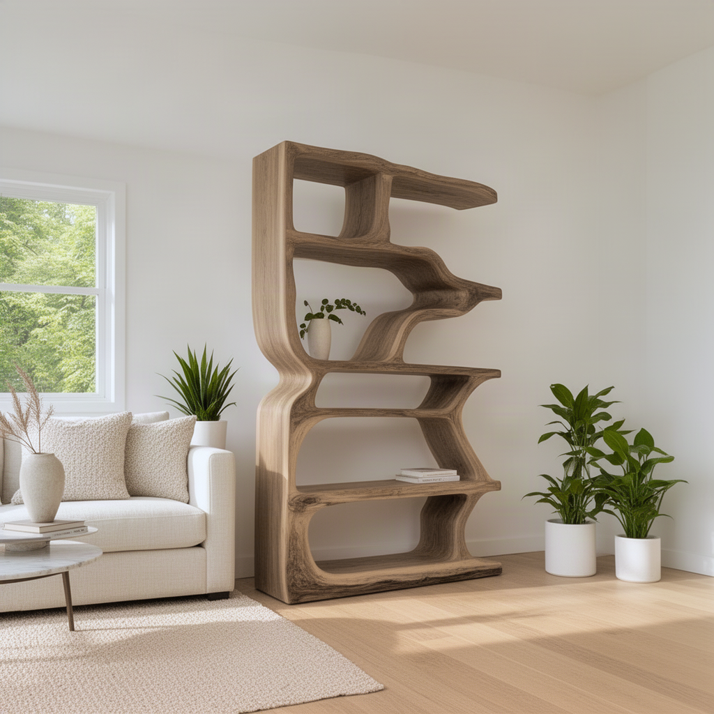Cascadia sculptural live edge bookcase beside a sofa and window, showing five open tiers and curved supports