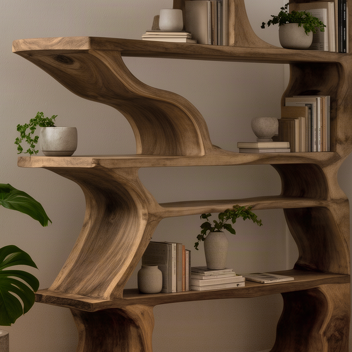 Close-up of the Cascadia bookshelf showing live-edge shelf outlines, wave-shaped supports and wood grain