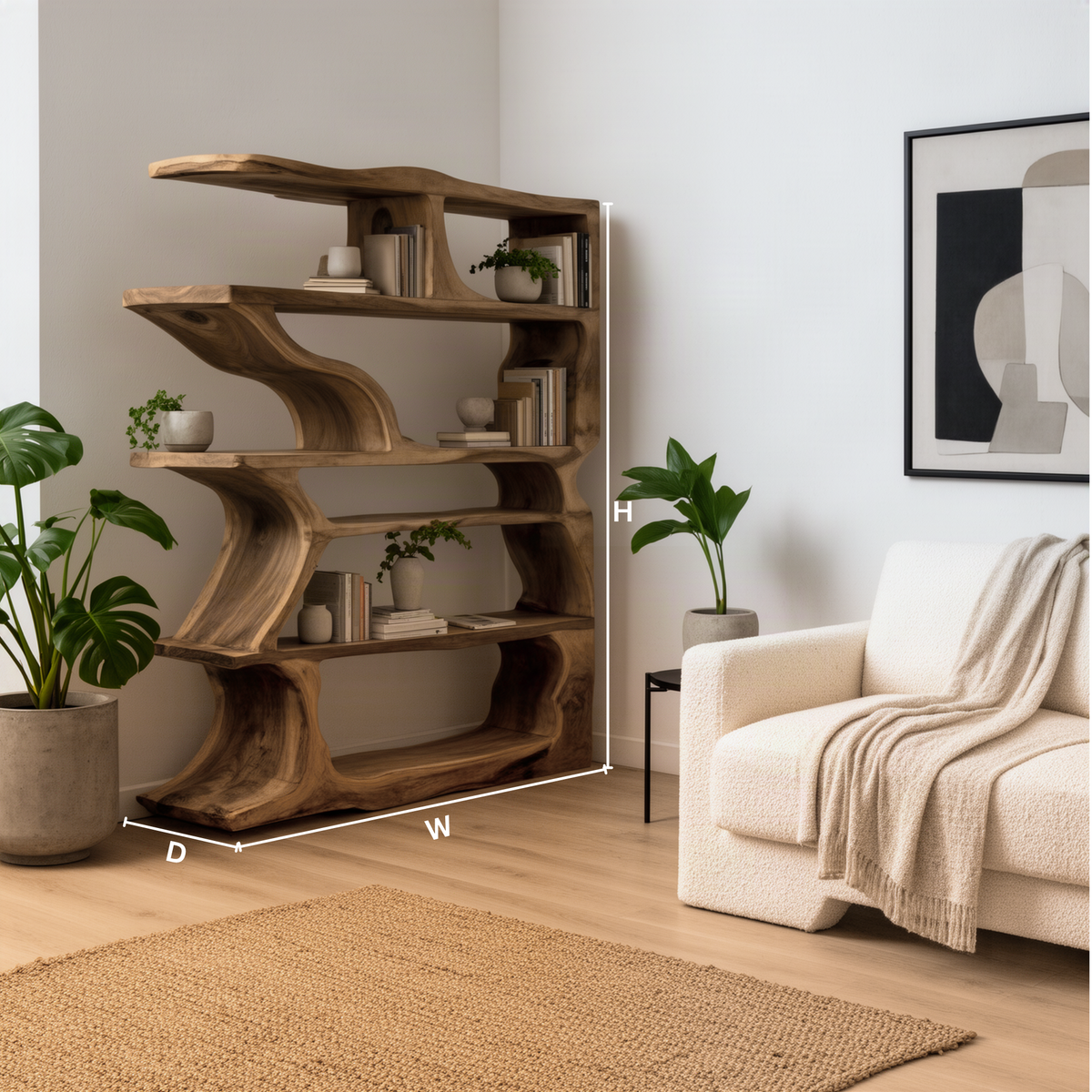 Cascadia sculptural wood bookshelf dimension guide showing height, width and depth to choose the right size