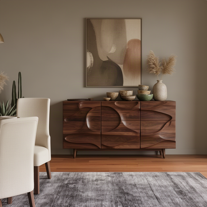 Ondessa sculptural wood sideboard in Walnut with deep wave carving flowing across three cabinet doors