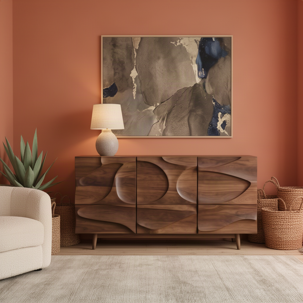 Ondessa carved wood buffet cabinet in Brown finish with a rippling wave front and short tapered legs