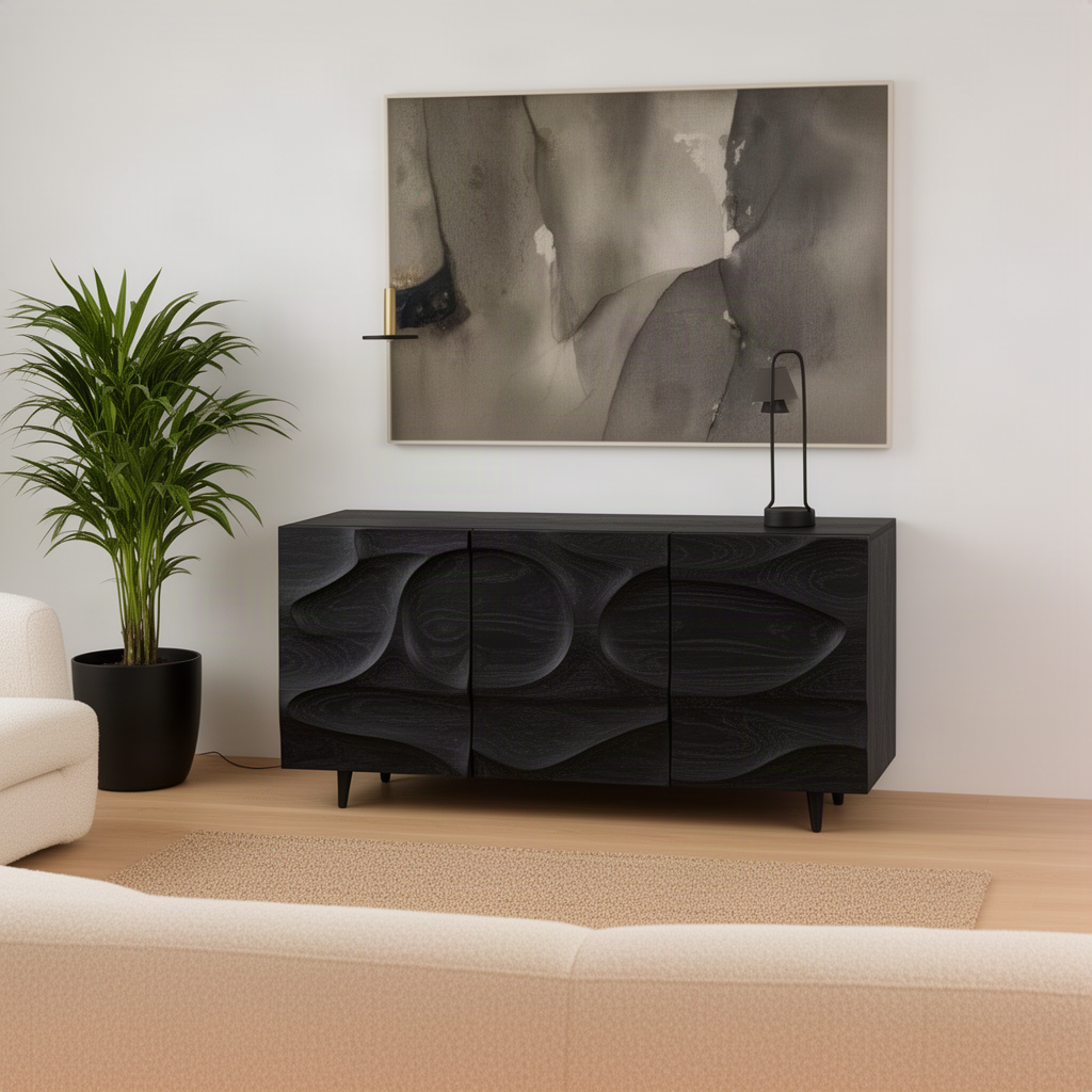 Ondessa sculptural sideboard in Black solid wood with hand-carved wave doors, a bold modern storage piece