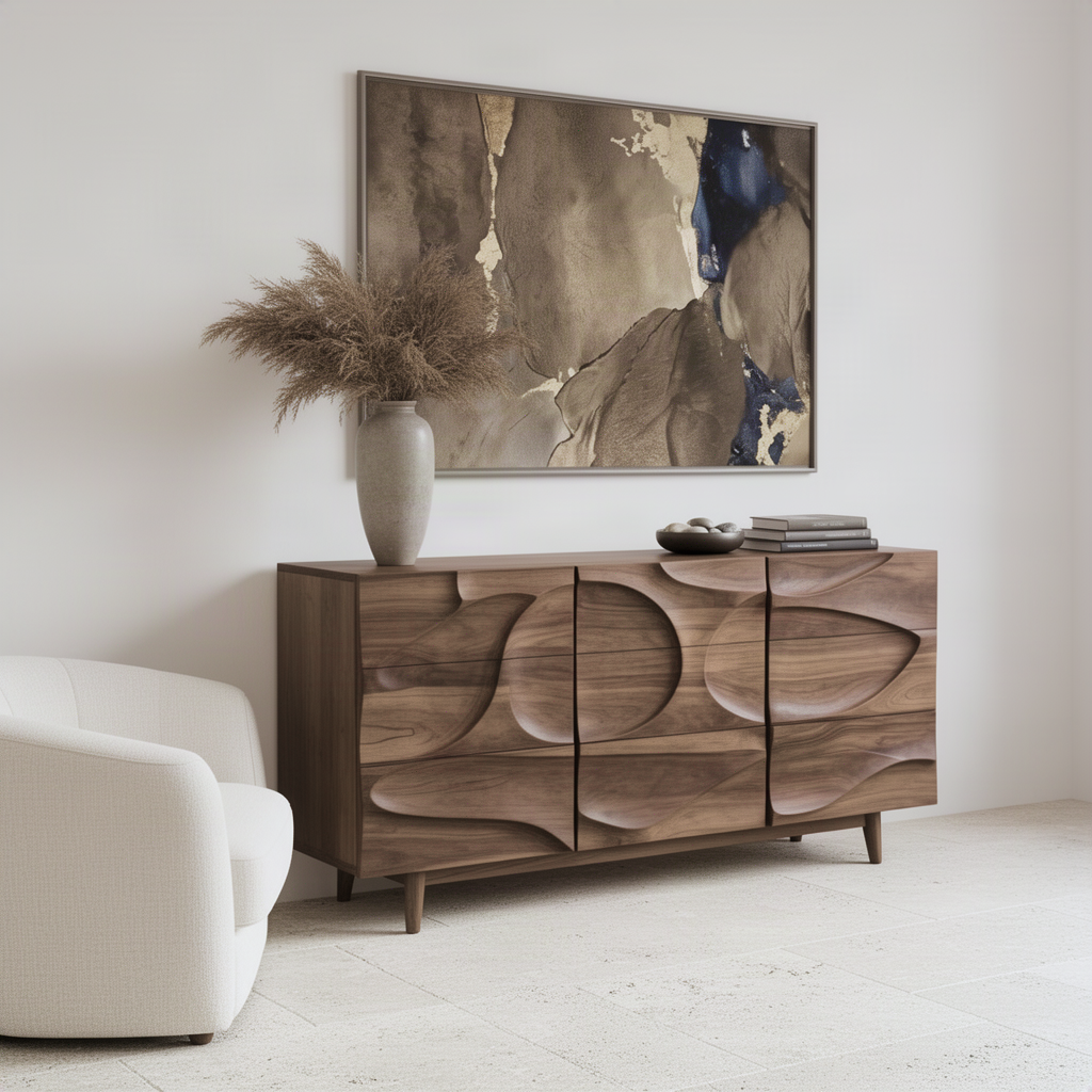 Ondessa carved wave sideboard styled with a lamp and décor as a statement storage piece in a modern room