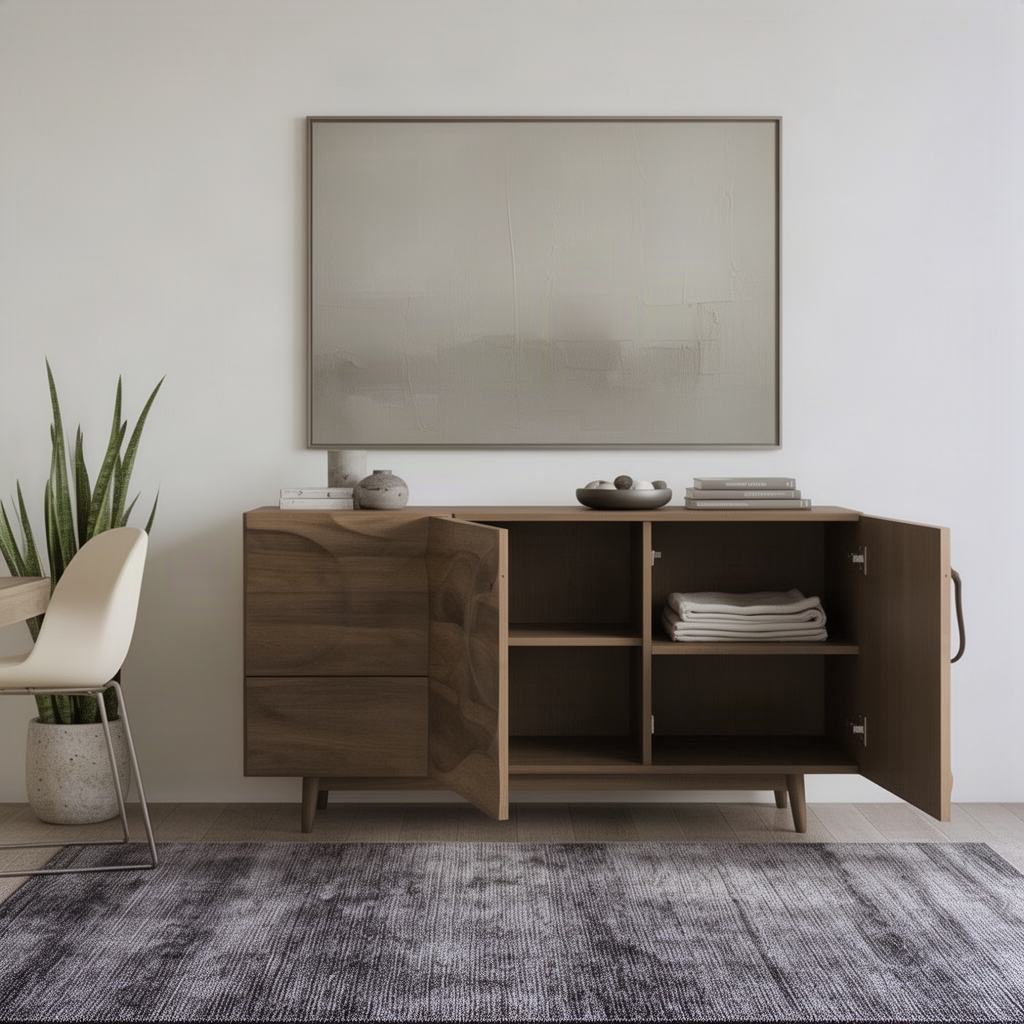Ondessa wood sideboard with doors open to show interior shelves holding linens, beside a dining chair