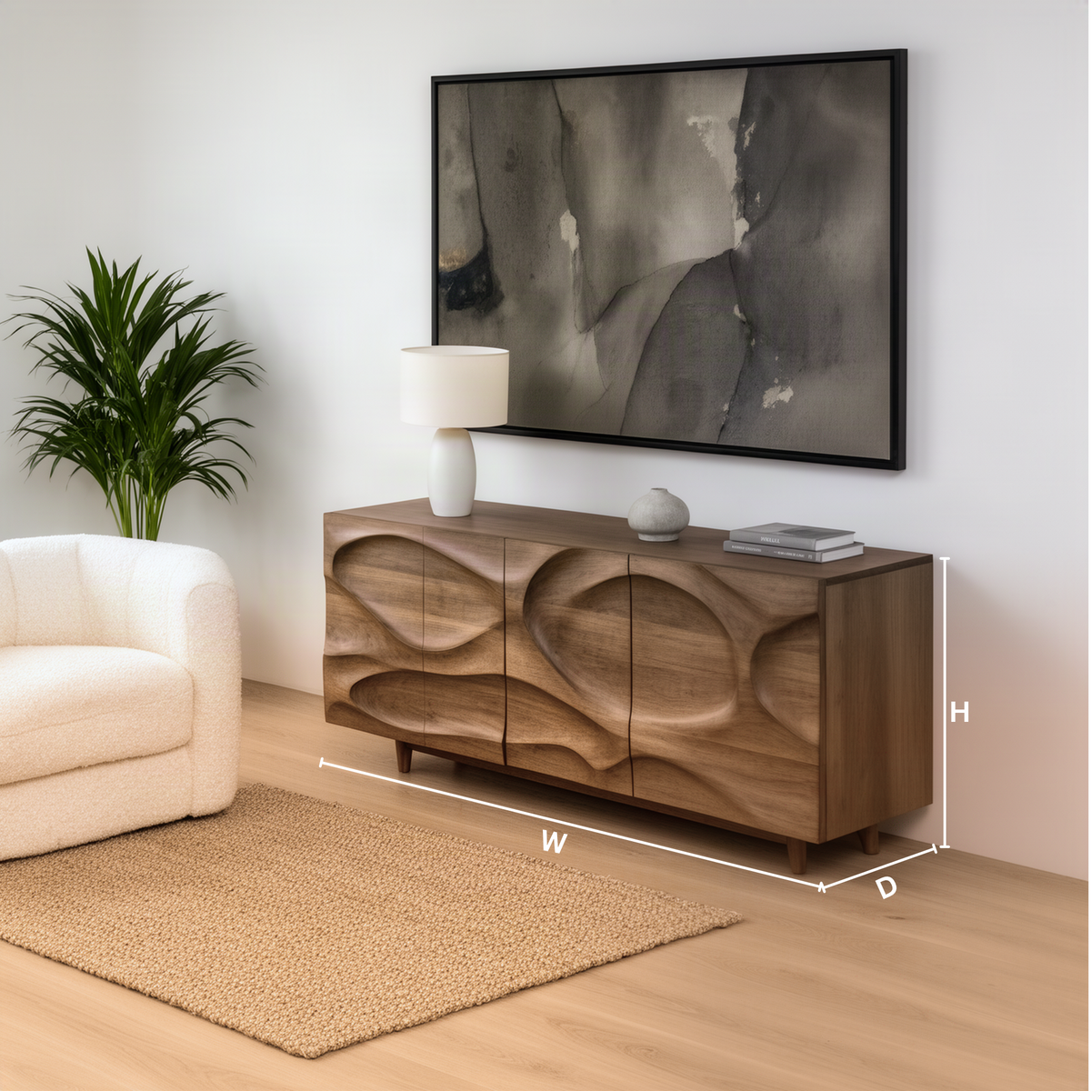 Ondessa sculptural wood sideboard dimension guide showing width, height and depth to choose the right size
