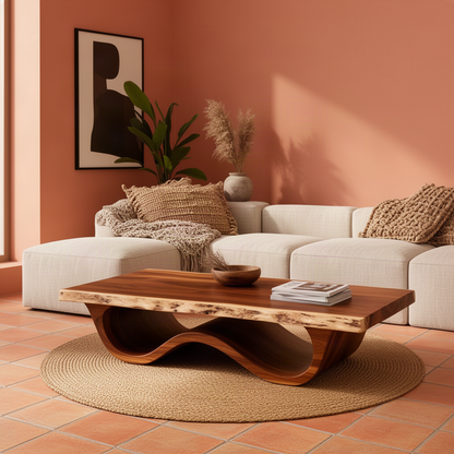 Tavira live edge coffee table in Brown finish with natural bark-textured edges and a sculptural wave base