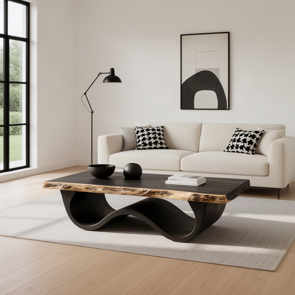 Tavira sculptural coffee table in Black solid wood with a live-edge top and flowing curved base