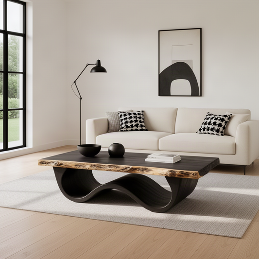Tavira sculptural coffee table in Black solid wood with a live-edge top and flowing curved base