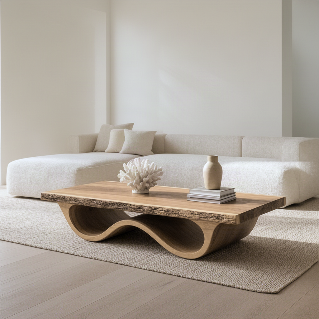 Tavira wood coffee table styled with coral and a vase in front of a white sectional sofa in a calm living room