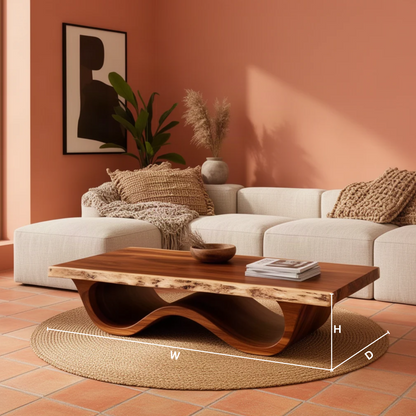 Tavira sculptural wood coffee table dimension guide showing width, depth and height to choose the right size