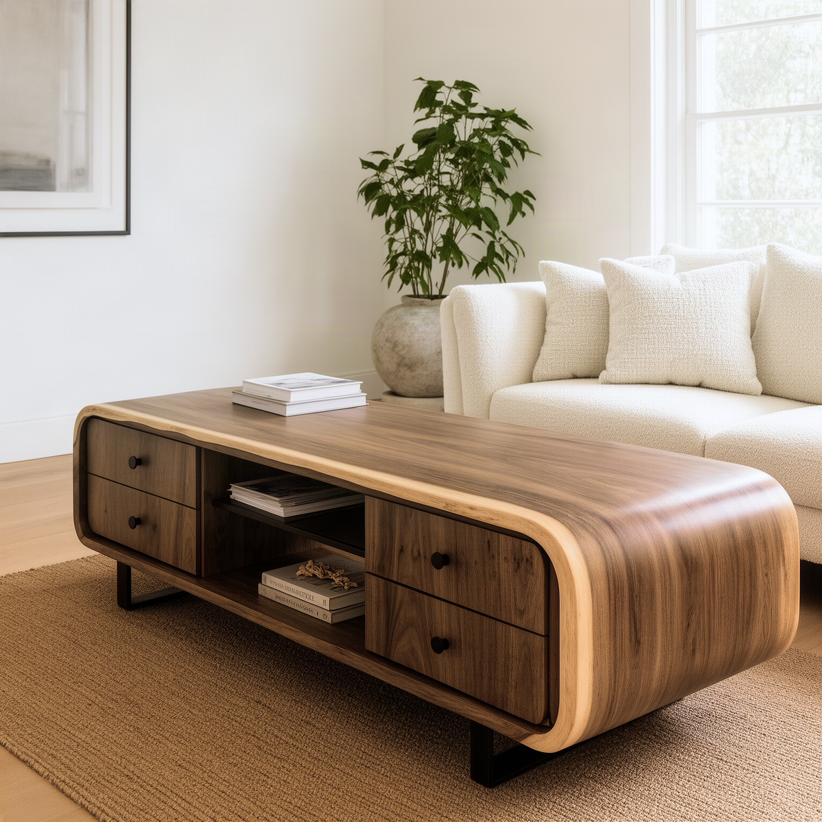 Curvessa coffee table with rounded waterfall ends, four drawers and an open center shelf beside a cream sofa
