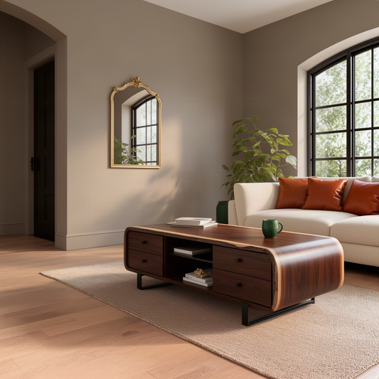 Curvessa sculptural wood coffee table in Walnut with curved waterfall ends, four drawers and metal sled legs