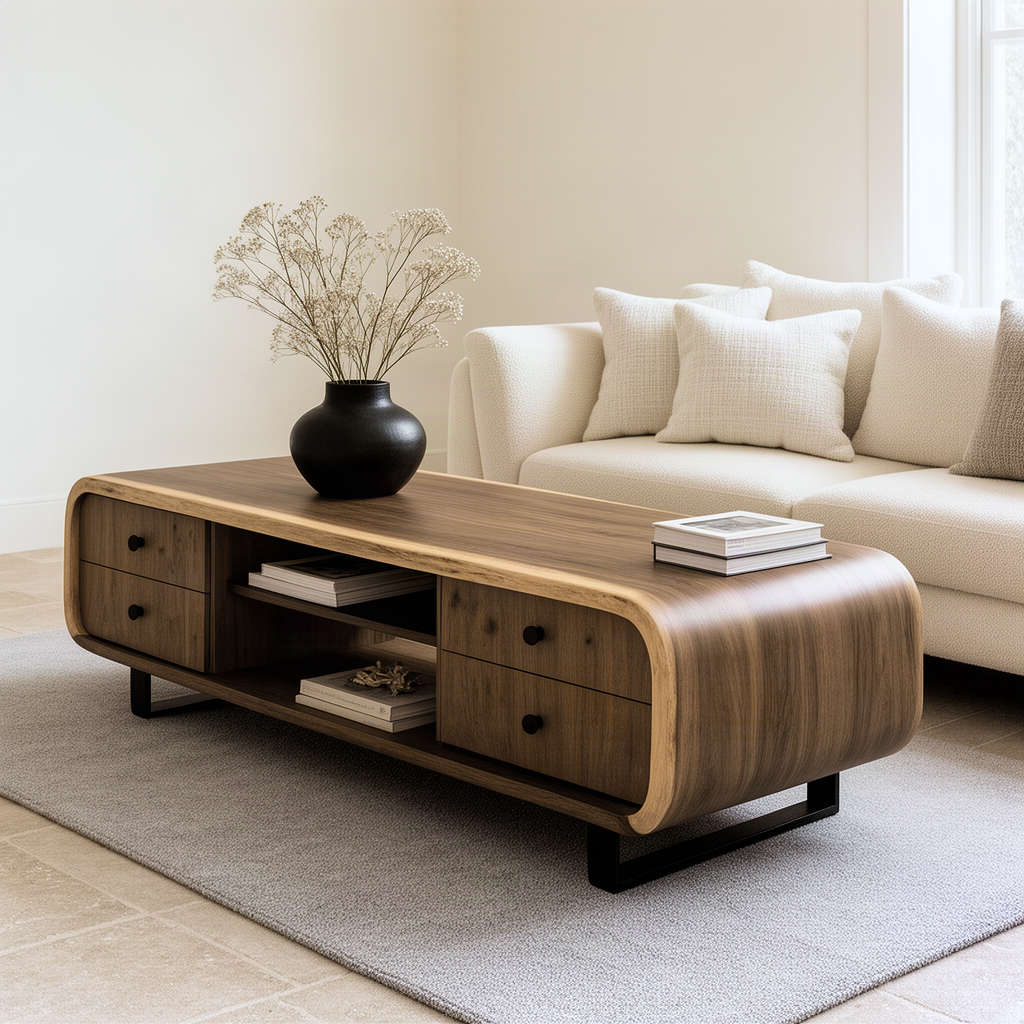 Curvessa wood coffee table styled with a black vase and books in front of a white sofa in a calm living room