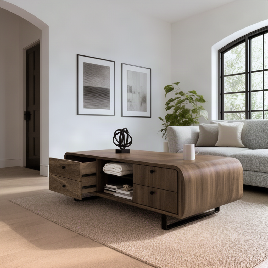 Curvessa coffee table with a drawer pulled open and books on the center shelf in a bright living room