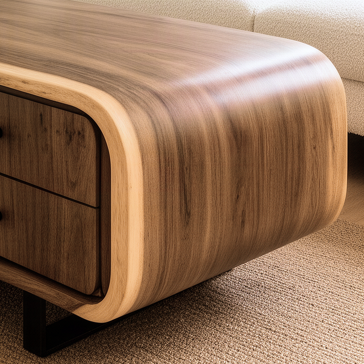 Close-up of the Curvessa coffee table showing the rounded waterfall edge, drawer knobs and natural wood grain