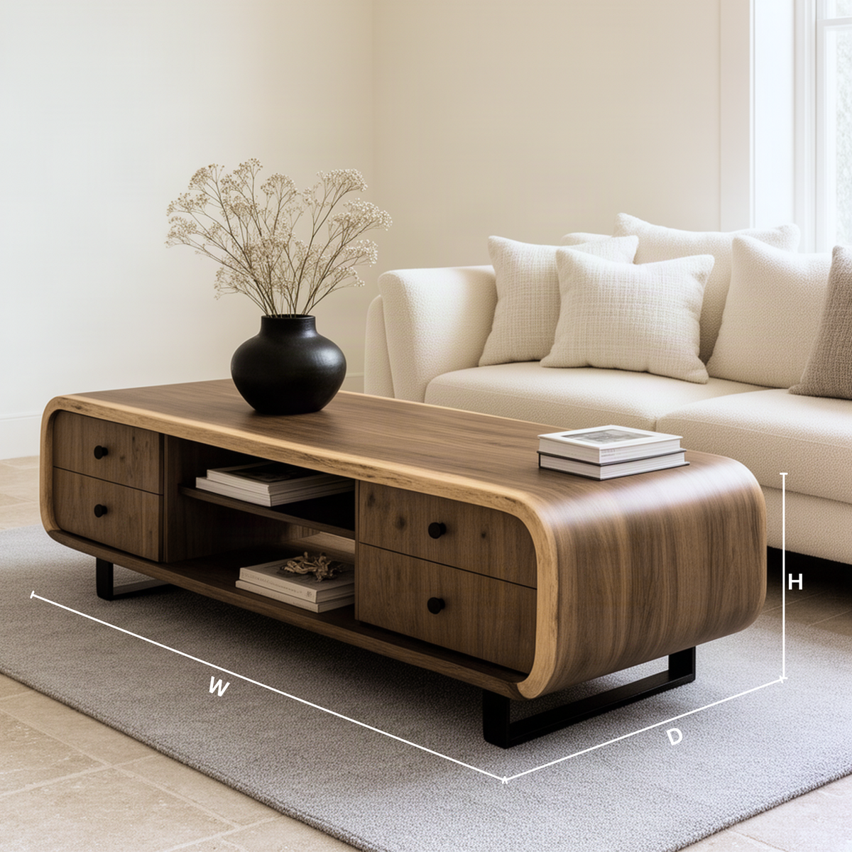Curvessa sculptural wood coffee table dimension guide showing width, depth and height to choose the right size