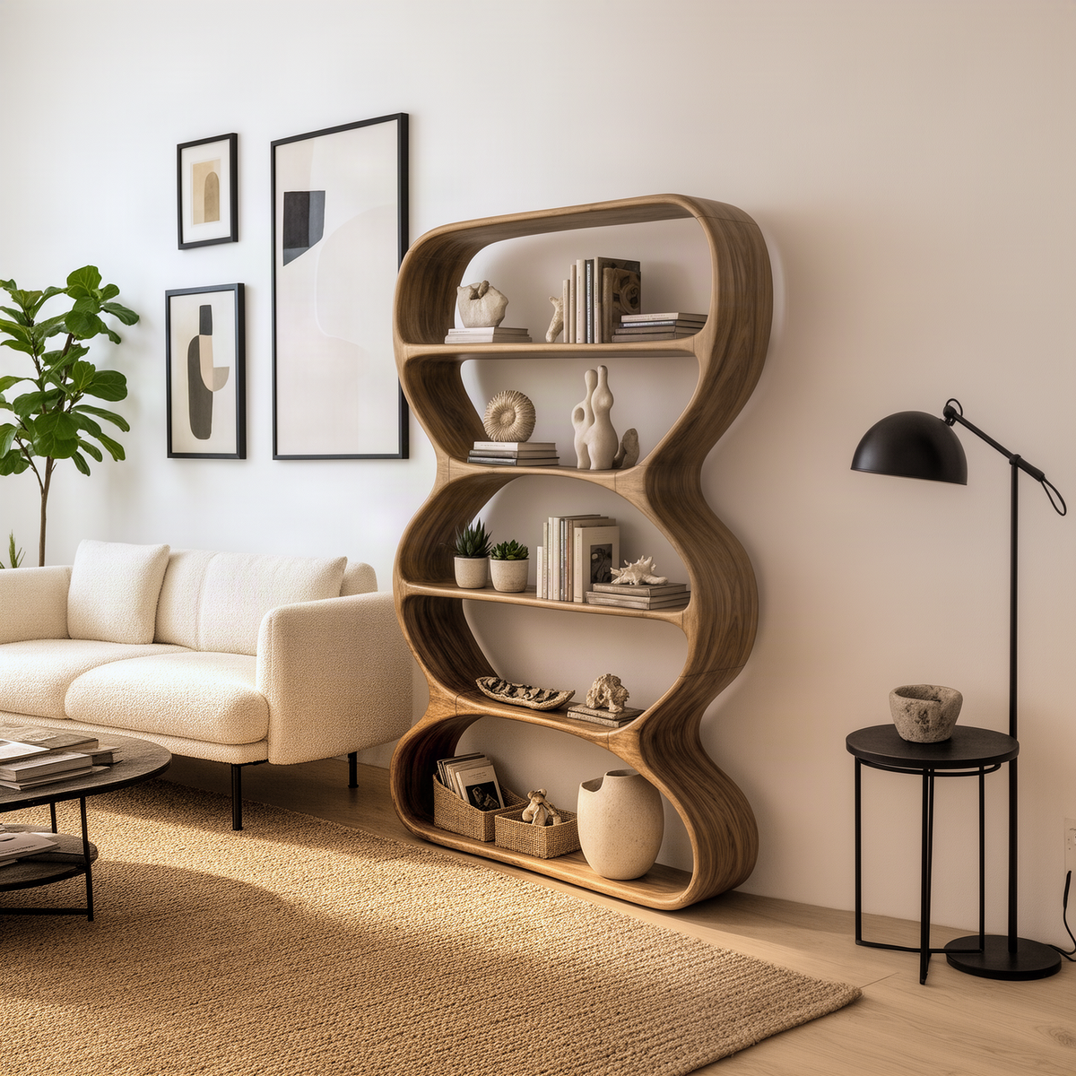 Meandra bookshelf in Natural solid wood with a wavy curved frame and five open shelves beside a cream sofa