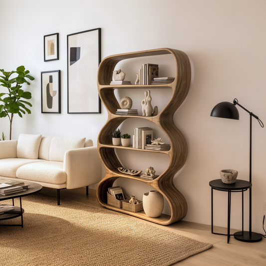 Meandra bookshelf in Natural solid wood with a wavy curved frame and five open shelves beside a cream sofa