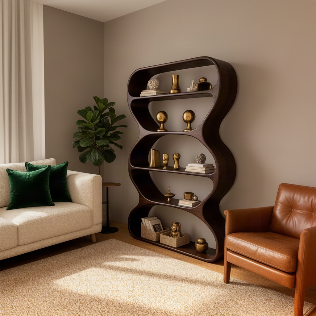 Meandra sculptural wood bookshelf in Walnut, a wavy curved frame display shelf with five rounded compartments