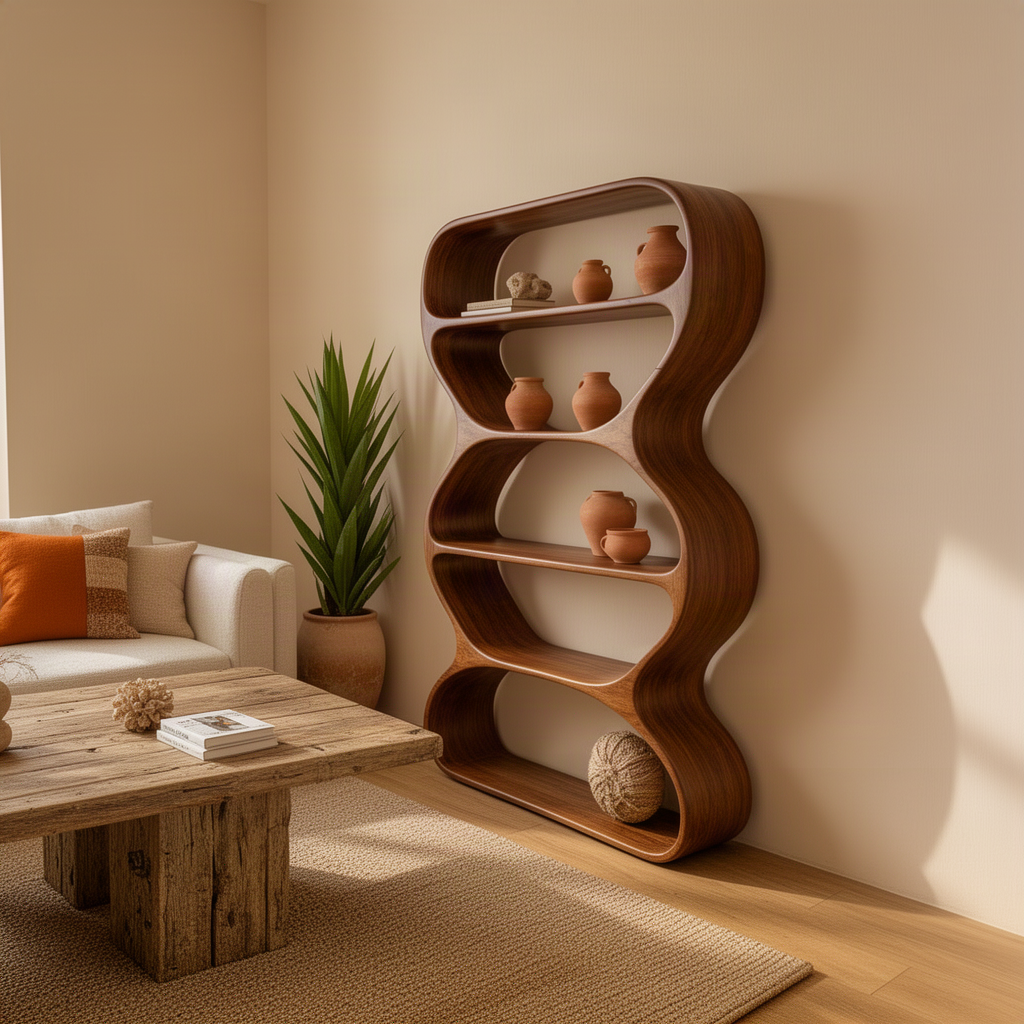 Meandra curved bookshelf in Brown finish with undulating sides and open shelves for books and décor