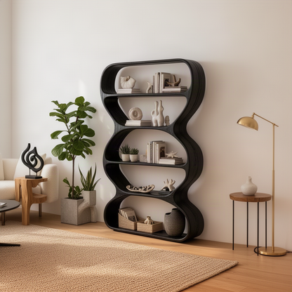 Meandra sculptural bookshelf in Black solid wood with a wave-shaped frame and five open display shelves