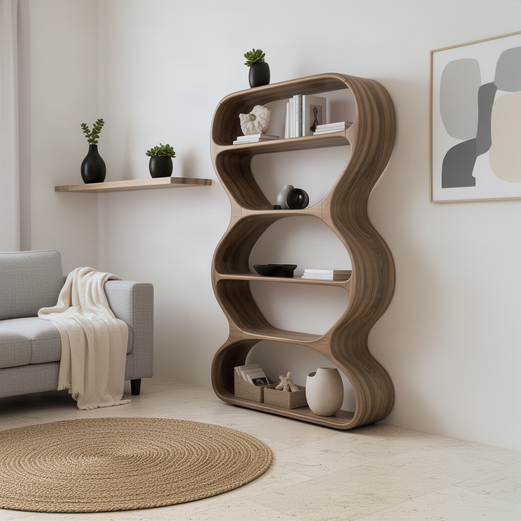 Meandra wavy wood bookshelf styled with books, ceramics and plants as a statement piece in a living room
