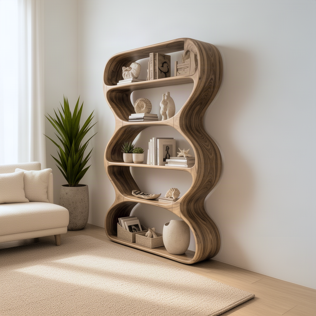 Meandra curved frame bookshelf in a bright living room corner, showing the arched top and rounded base