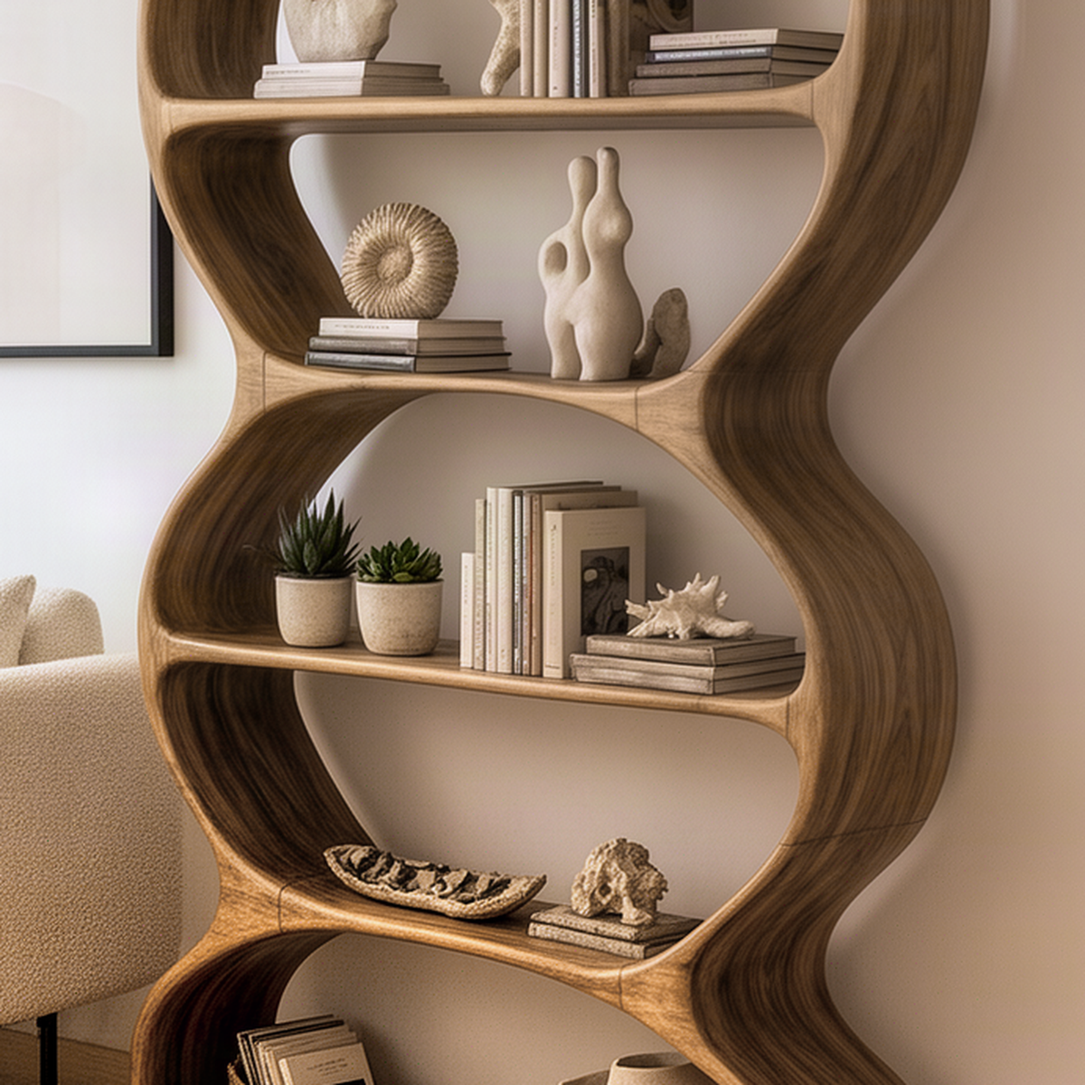 Close-up of the Meandra bookshelf showing the smooth curved frame, rounded shelf openings and wood grain
