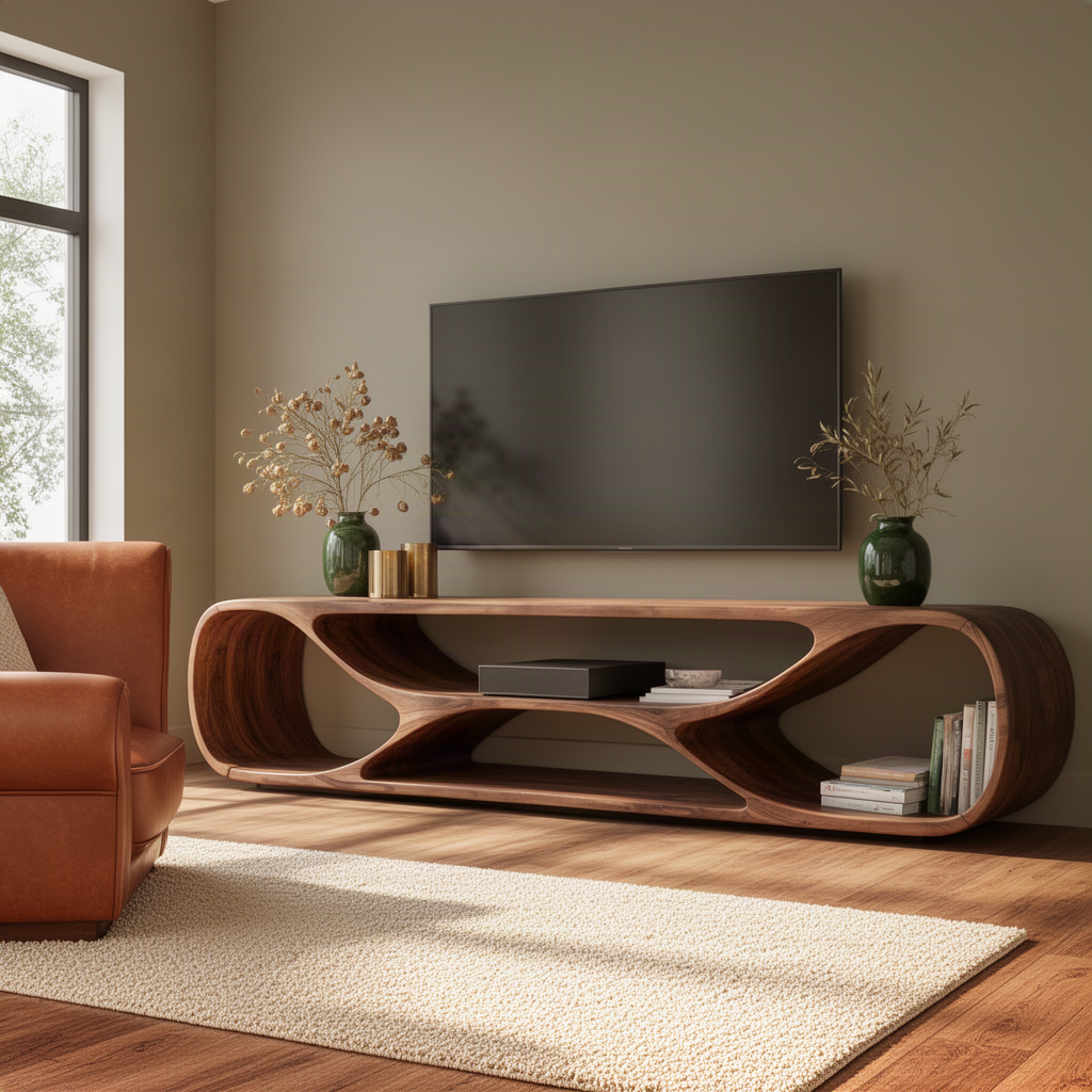 Arcella sculptural wood TV stand in Walnut with a continuous curved frame and flowing open compartments