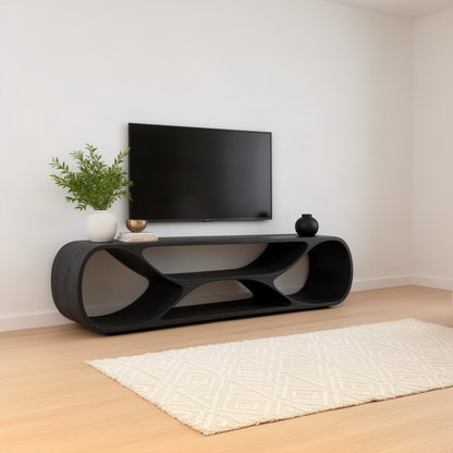Arcella sculptural TV stand in Black solid wood, a low open-frame console with sweeping curved dividers