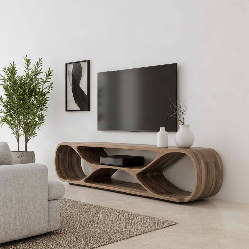 Arcella wood TV stand styled with a TV, vases and plants as a sculptural centerpiece in a modern living room