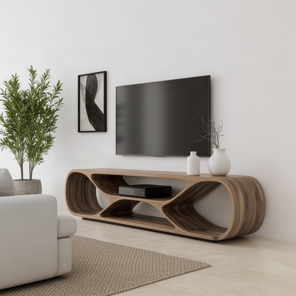 Arcella wood TV stand styled with a TV, vases and plants as a sculptural centerpiece in a modern living room