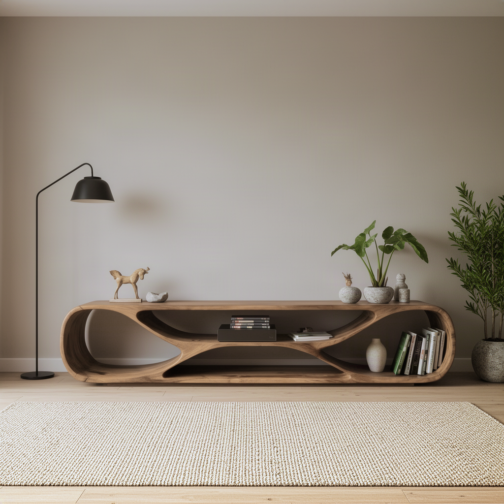 Front view of the Arcella TV stand holding books, a plant and décor in its open curved compartments by a floor lamp