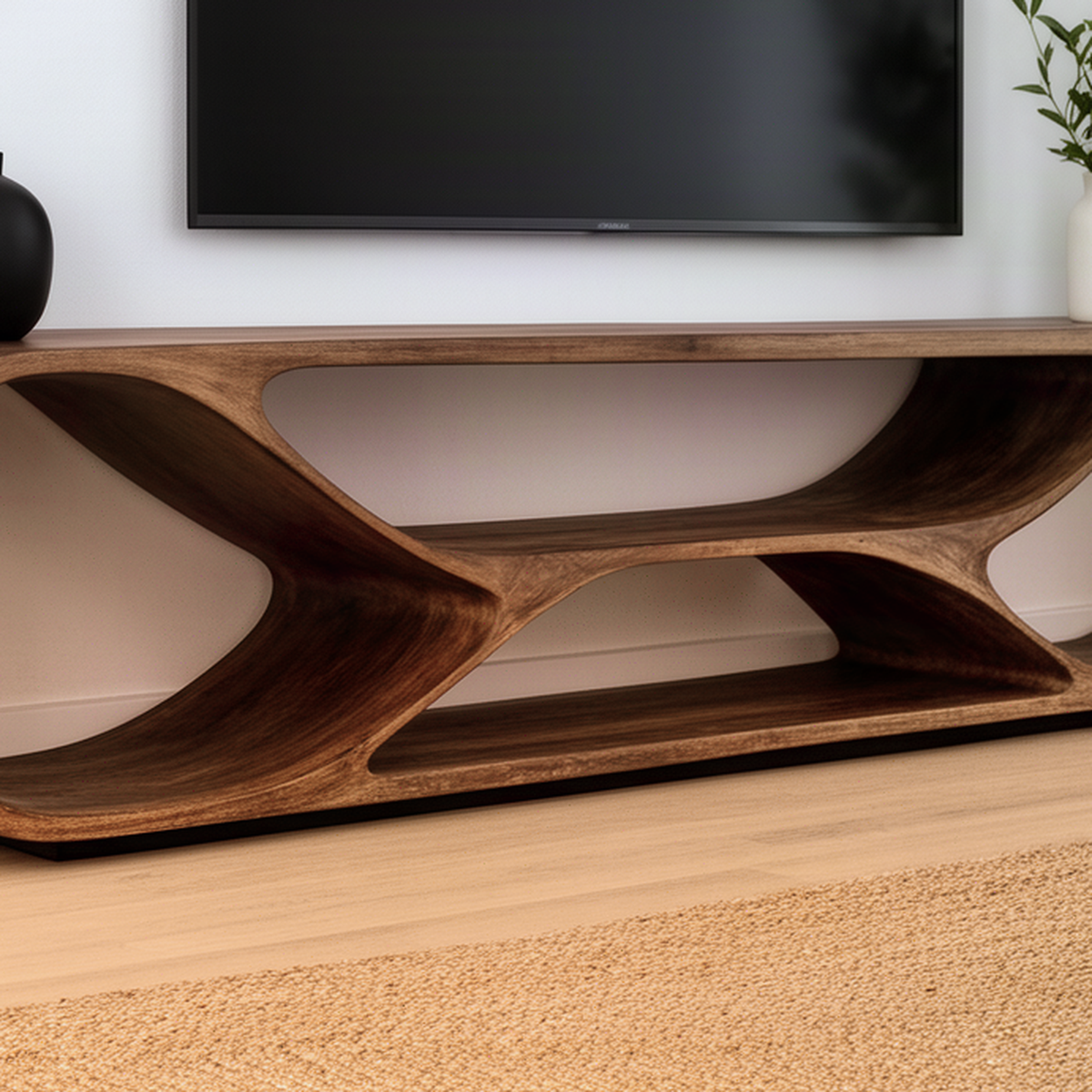 Close-up of the Arcella TV stand showing the smooth curved frame, open cut-outs and natural wood grain