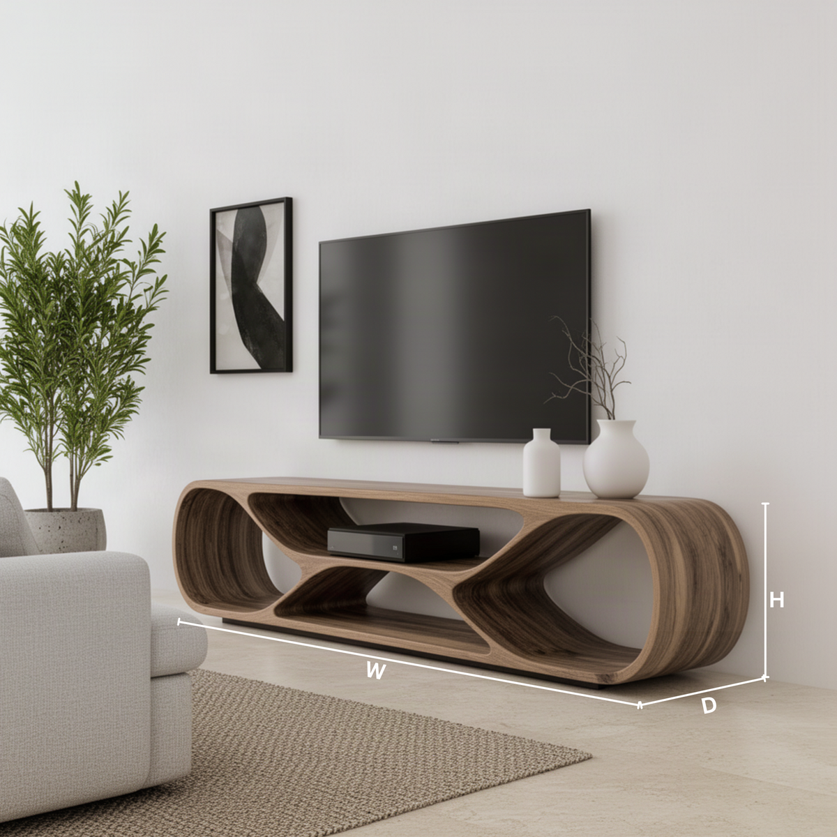 Arcella sculptural wood TV stand dimension guide showing width, height and depth to choose the right size