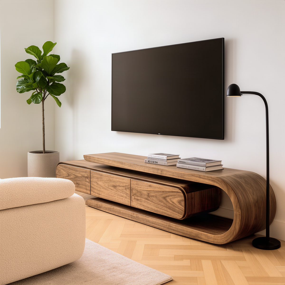 Volara TV stand in solid wood with a curled C-shaped end, floating drawer unit and open shelf under a wall TV