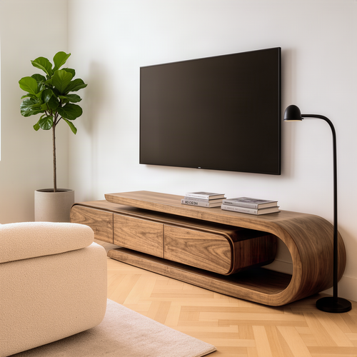 Volara TV stand in solid wood with a curled C-shaped end, floating drawer unit and open shelf under a wall TV