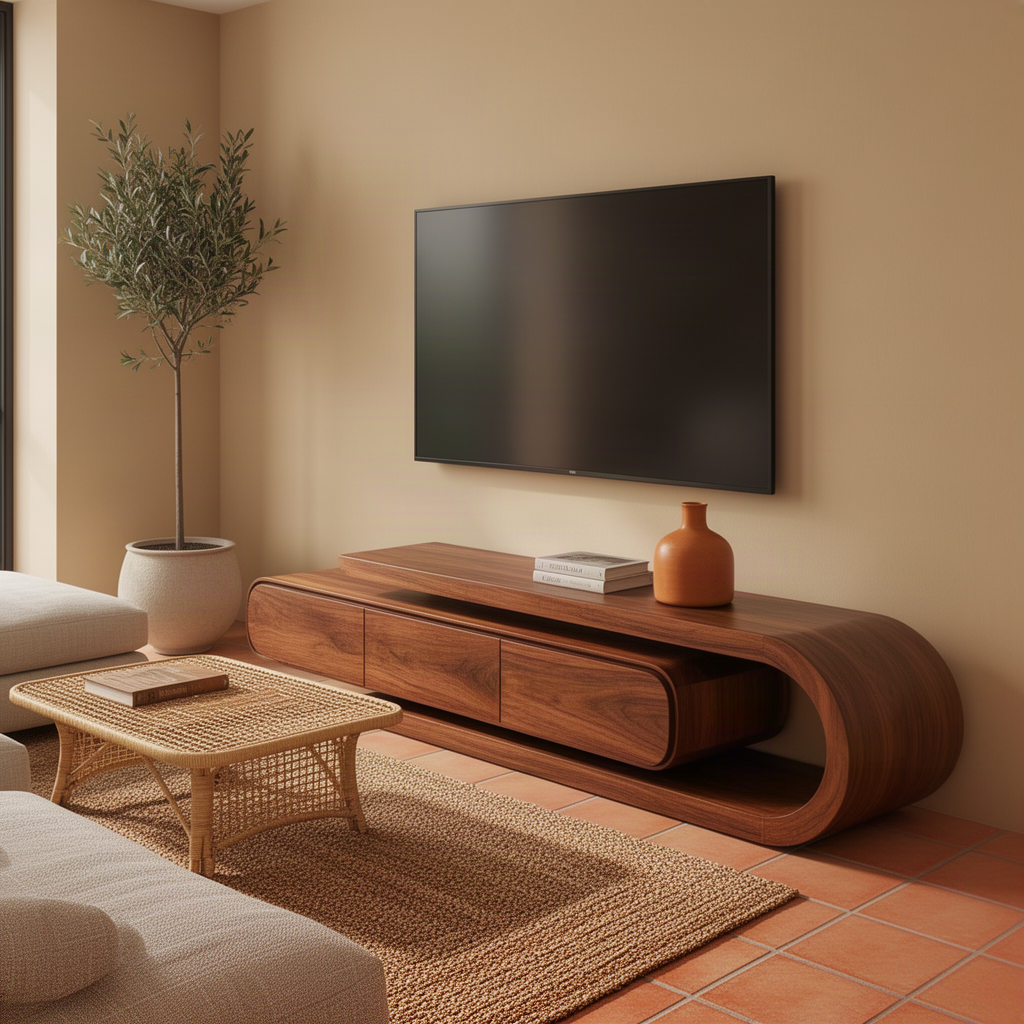 Volara curved wood media console in Brown finish with a C-shaped loop end and open lower shelf