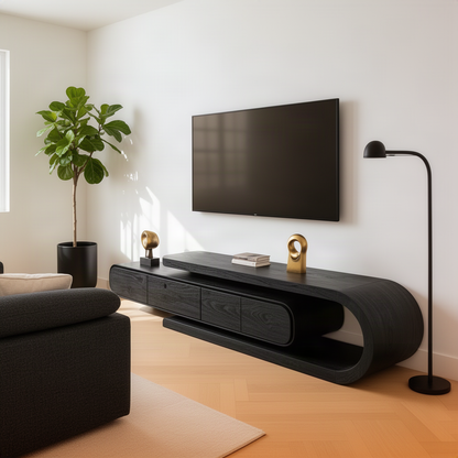 Volara sculptural TV stand in Black solid wood with an asymmetric curled end and floating drawer unit