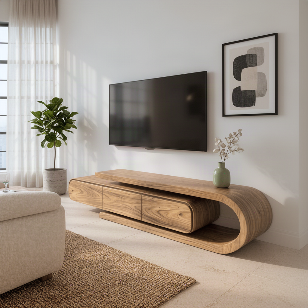 Volara wood TV stand styled with books and a vase as a sculptural media console in a modern living room