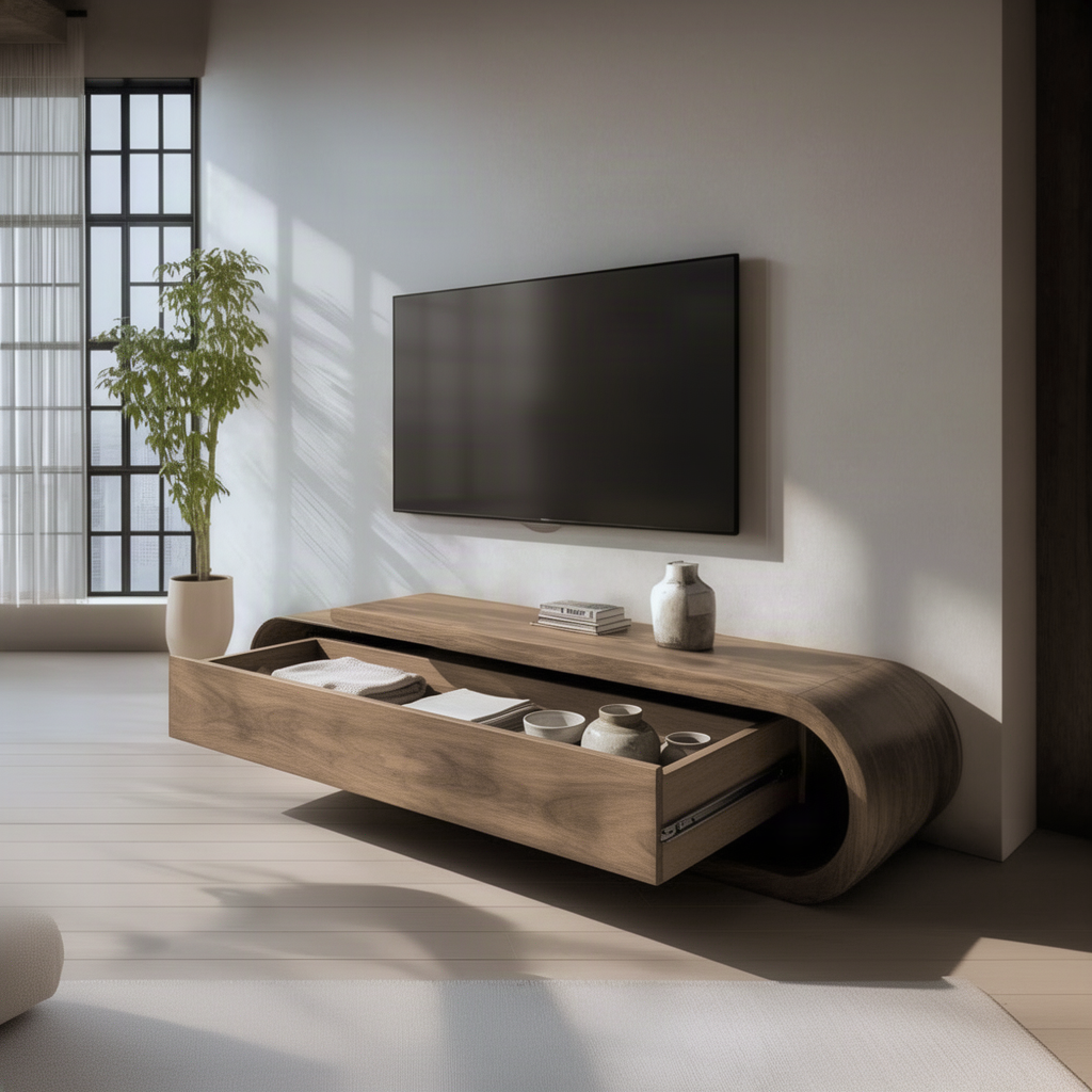 Volara TV stand with its drawer pulled open to show storage for books and décor in a bright loft living room