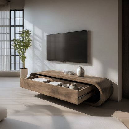 Volara TV stand with its drawer pulled open to show storage for books and décor in a bright loft living room