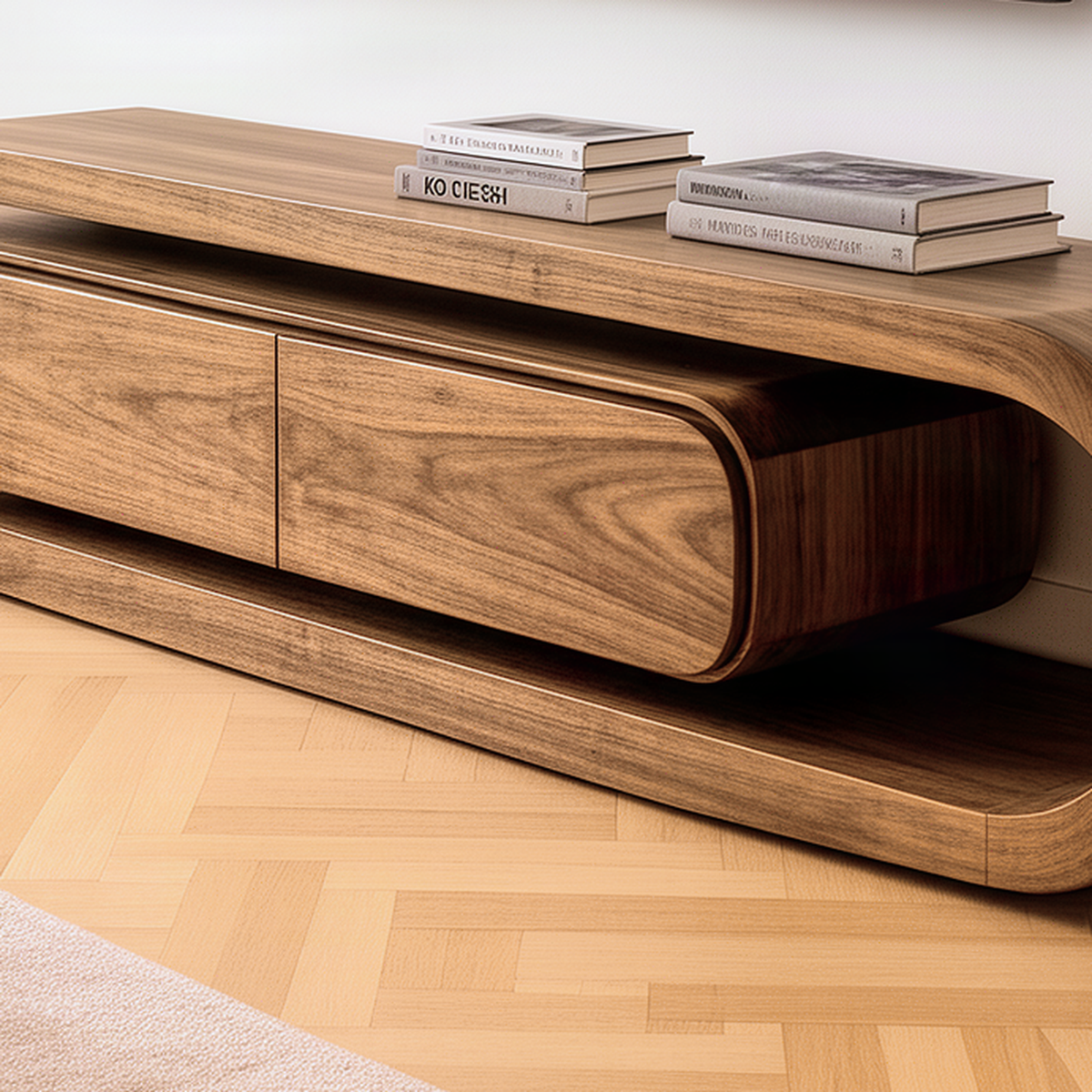 Close-up of the Volara TV stand showing the curled wood end, drawer fronts and natural wood grain