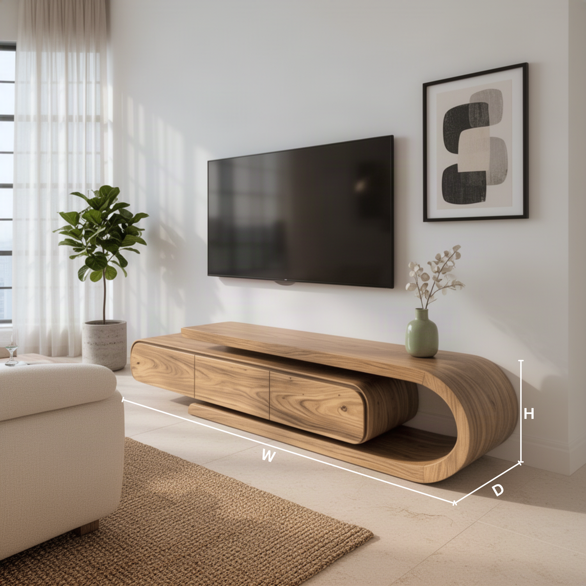 Volara sculptural wood TV stand dimension guide showing width, height and depth to choose the right size