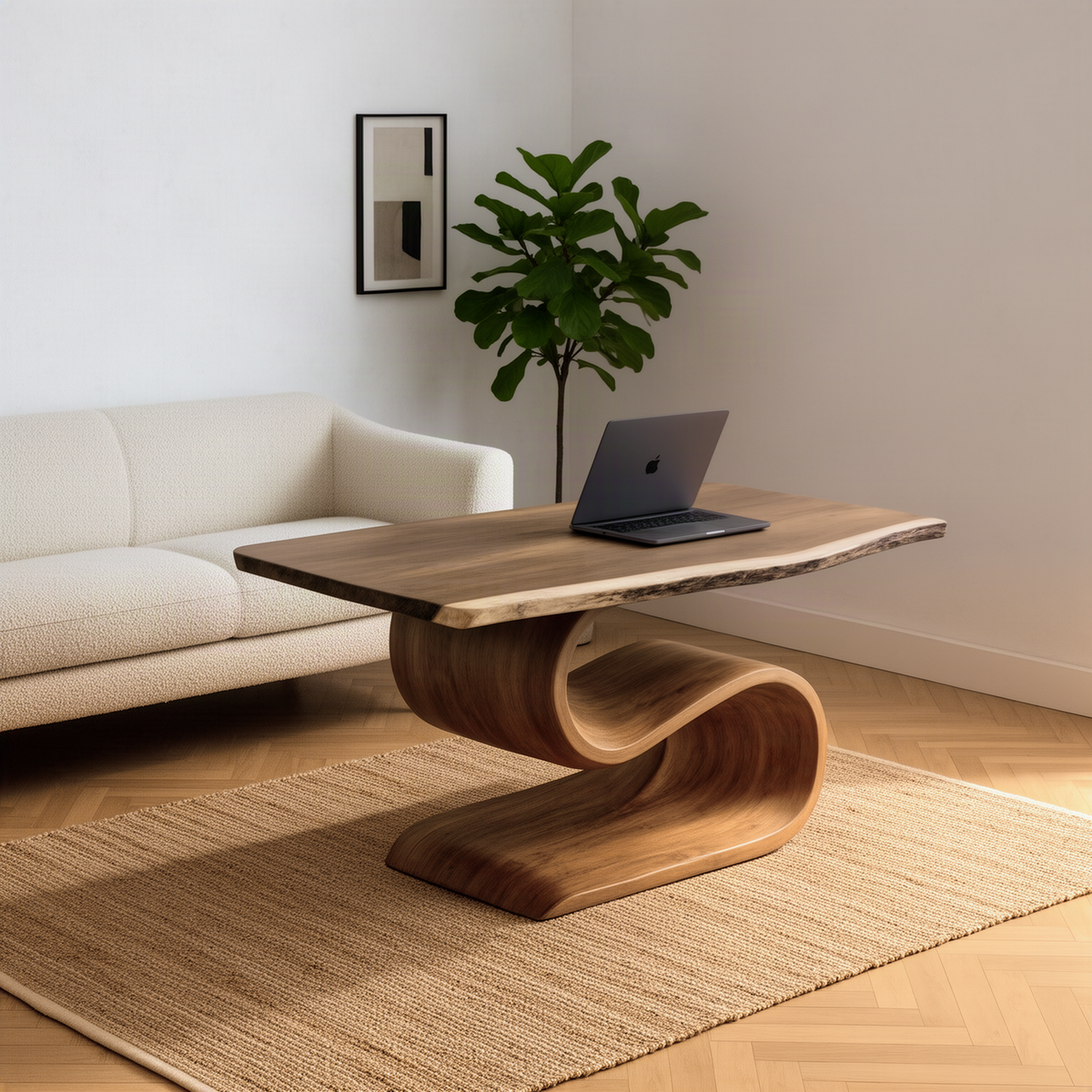 Serpina sculptural wood desk in natural wood with S-curve pedestal base and live edge top in a bright living room