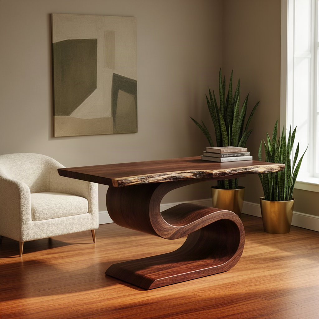 Serpina sculptural wood desk in walnut with curved S-shaped pedestal and live edge top beside a cozy armchair