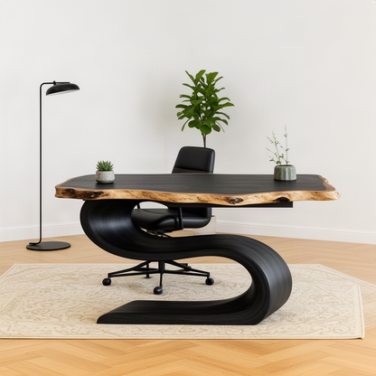 Serpina sculptural wood desk in black with S-curve pedestal, natural live edge top and office chair