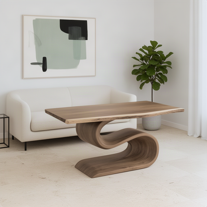 Serpina S-curve wood executive desk shown from an angle in a modern living room with sofa and plants