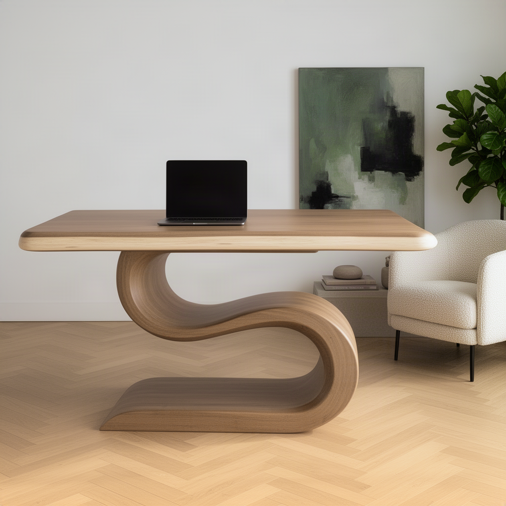 Serpina sculptural natural wood desk with laptop in a minimalist home office, curved pedestal base on herringbone floor