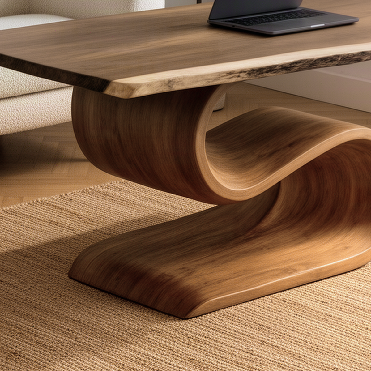 Close-up of the Serpina desk curved solid wood S-pedestal base and live edge top showing natural wood grain